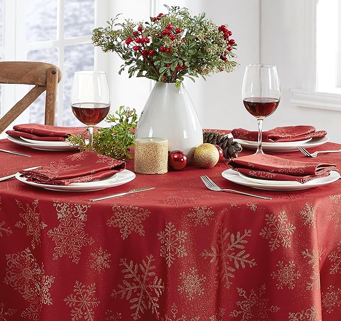 Newbridge Fancy Metallic Snowflake Christmas Fabric Tablecloth, 60 x 84 Inch Oval, Red Gold, No-Iron Soil Resistant Sparkling Snowflakes Woven Holiday Table Cover