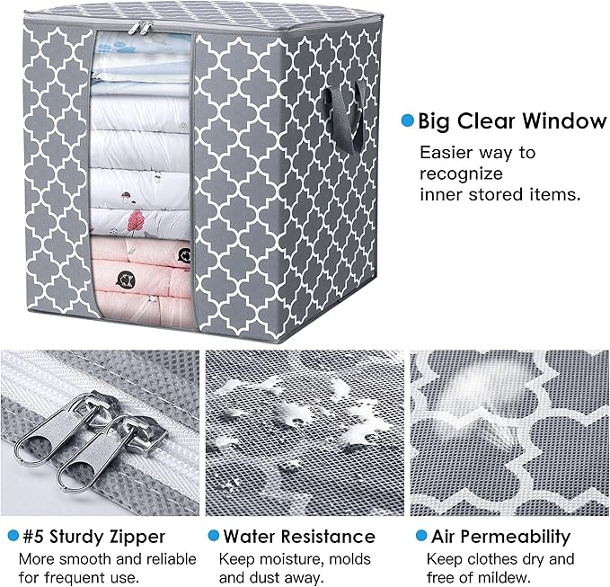 WISELIFE Storage Bags [3 Pack/100L] Large Blanket Clothes Organization and Storage Containers for Comforters,Bedding, Foldable Organizer with Reinforced Handle, Clear Window, Sturdy Zippers,Light Gray