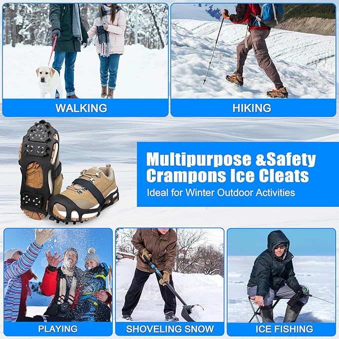 Ice Cleats, Crampons Ice Cleats for Shoes and Boots Men Women Kids,Non Slip 28 Steel Shoe Spikes for Snow and Ice Traction Snow Cleats Grippers for Winter Walking Hiking Fishing