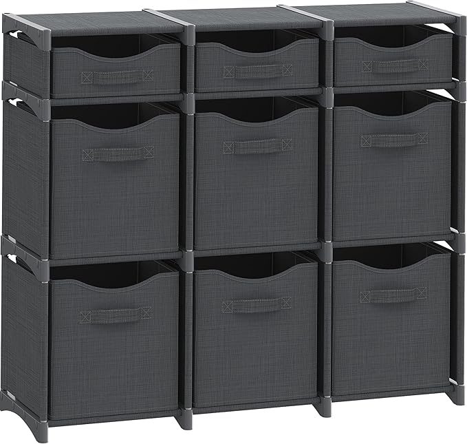 9 Cube Storage Organizer With Bins Included - Closet Storage With 9 Storage Bins - Easy To Assemble Storage Unit With Drawers - Closet Organization For Clothes, Bedroom, Nursery, & Toys (Dark Grey)