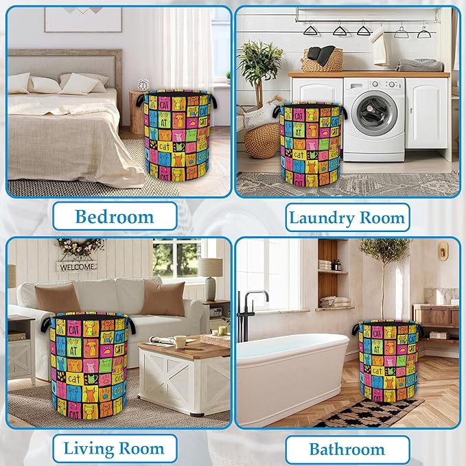 Cute Colorful Cat Laundry Basket Collapsible Laundry Hamper, Oxford Cloth Storage Bin for Room/Bathroom/Bedroom/Dormitories 16" X 20.8"