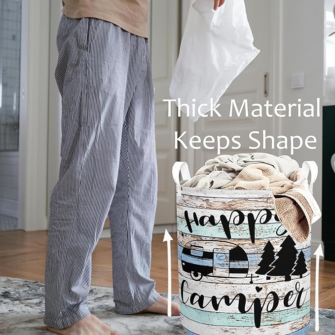 Happy Camping Laundry Basket Foldable With Handles Tote Bag Waterproof Oxford Cloth Blue Funny Laundry Hamper Clothes Storage Bucket Toy Organizer 43L For Bathroom/Laundry/Bedroom (Camping, 43L)