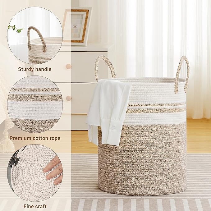 Tall Laundry Basket with Handles, 53L Portable Dirty Clothes Hamper, Boho Cotton Rope Storage Bin for Blankets Kids Toys Gifts, Decorative Organizer for Nursery Bedroom Bathroom, New Brown