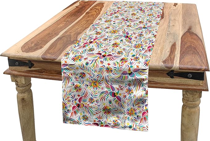 Ambesonne Mexican Table Runner, Colorful Nature Inspired Pattern Birds Flowers Leaves and Dots Creativity, Dining Room Kitchen Rectangular Runner, 12" X 72", Red Cream