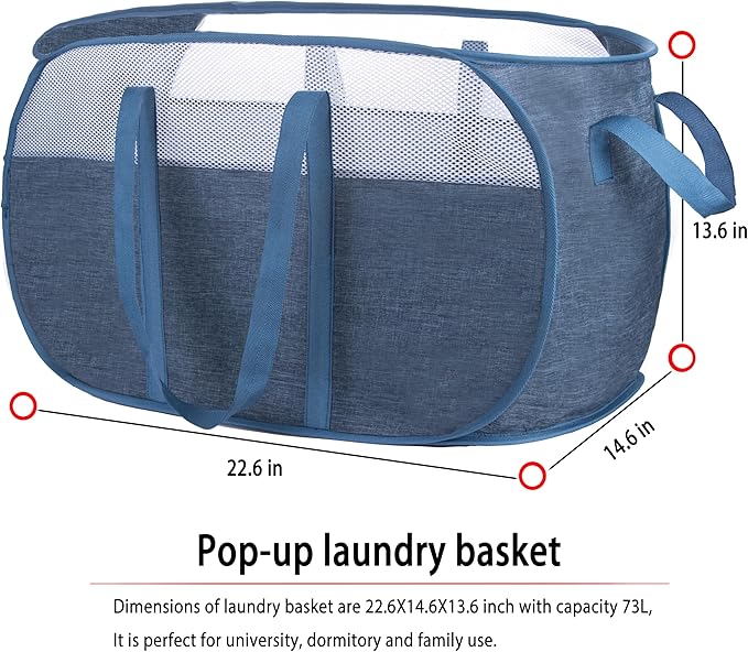 pop-up laundry basket，with Durable Handles collapsible Mesh laundry Hamper,Easy to Open and Fold,Premium Cationic Fabric… (Cationic blue)