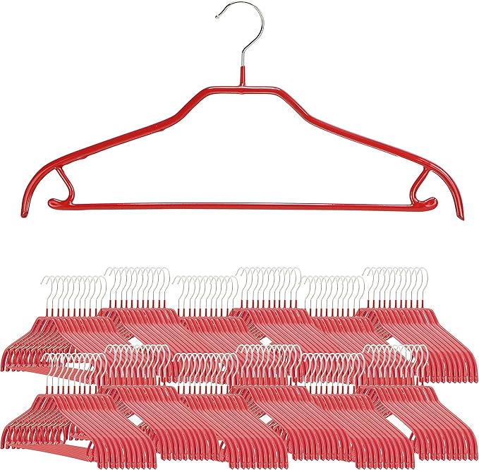 MAWA by Reston Lloyd Silhouette Series Non-Slip Space Saving Clothes Hanger with Bar & Hook for Pants and Skirts, Style 41/FRS, Set of 100, Red