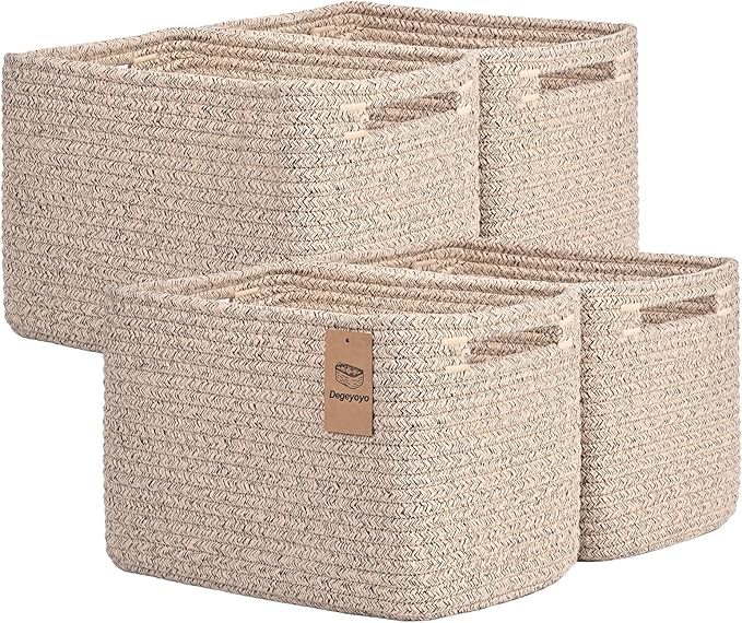 Storage Baskets for Organizing, 4 Pack Baskets for Shelves, Decorative Storage Bins for Shelves, Cotton Rope Storage Basket with Handles, Woven Basket for Storage, 13''Lx8.7''Wx7.9''H, Brown