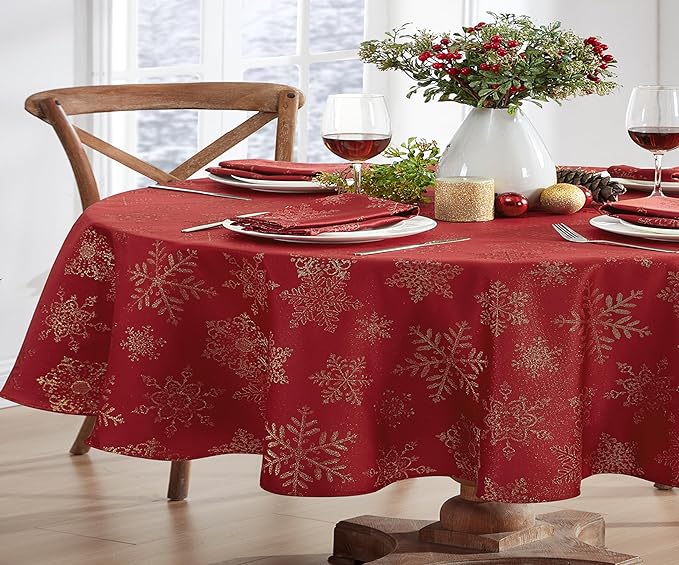 Newbridge Fancy Metallic Snowflake Christmas Fabric Tablecloth, 60 x 84 Inch Oval, Red Gold, No-Iron Soil Resistant Sparkling Snowflakes Woven Holiday Table Cover
