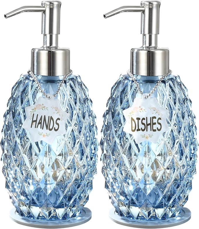 MALACHI Soap Dispenser Set, Crystal-Textured Diamond Glass with Rustproof Stainless Steel Pump, Dual-Labelled Hand & Dish Soap Dispenser for Kitchen & Bathroom
