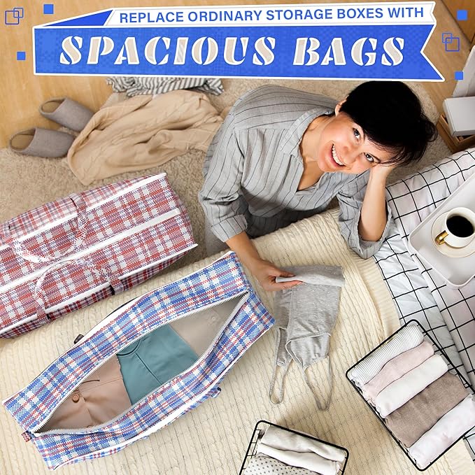 4Pcs Large Laundry Bag with Handles – Large Moving Bags with Zippers – 23.6 x 23.6 x 5.9 In (13 Gallons), Plaid Travel Bags for Clothes, Holiday Travel & Seasonal Storage | Moisture & Dirt Resistant