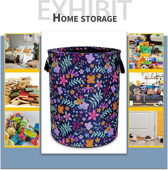 Flowers Laundry Basket Floral Foldable Oxford Cloth Funny Tote Bag Laundry Hamper Clothes Storage Bucket Toy Organizer For Bathroom/Laundry Storage/Bedroom 18.9x16.5 Inch