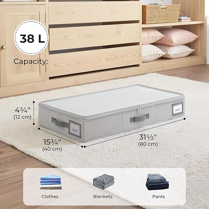 GRANNY SAYS 4.5-Inch Foldable Underbed Storage Box with Lid, Sturdy Frabic Organizer with Reinforced Bottom for Clothes, Shoes, Low-Profile Underbed Container for Bedroom, Closet,2 Pack, Grey