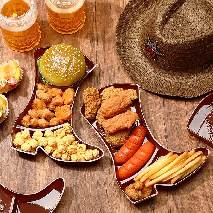 Uiifan 24 Pcs Cowboy Boot Party Serving Trays, Disposable Plastic Compartment Plates Boot Shaped Plates Western Theme Party Decorations Tableware for Cowboy Cowgirl Birthday Supplies (Brown)