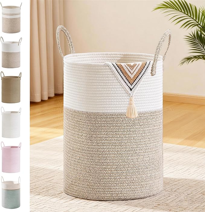 Tall Laundry Basket with Handles, 58L Portable Dirty Clothes Hamper, Boho Cotton Rope Storage Bin for Blankets Kids Toys Gifts, Decorative Organizer for Baby Nursery Bedroom Bathroom, Brown