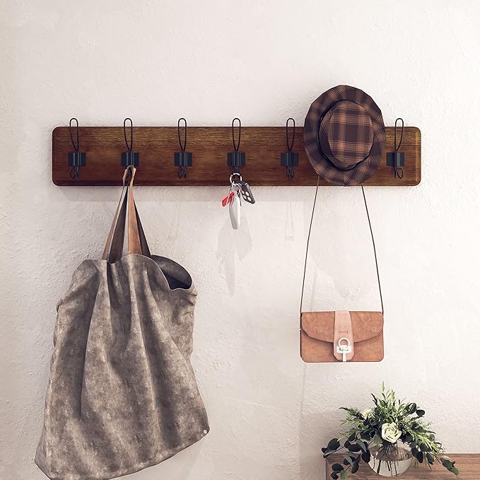 HBCY Creations Rustic Brown Solid Wood Wall Mounted Coat Rack with Shelf, 7 Hooks, 34" Long - Kitchen, Mudroom, Entryway, Bathroom - Includes Mounting Hardware, Coat Hanger, Dog Leash Hooks