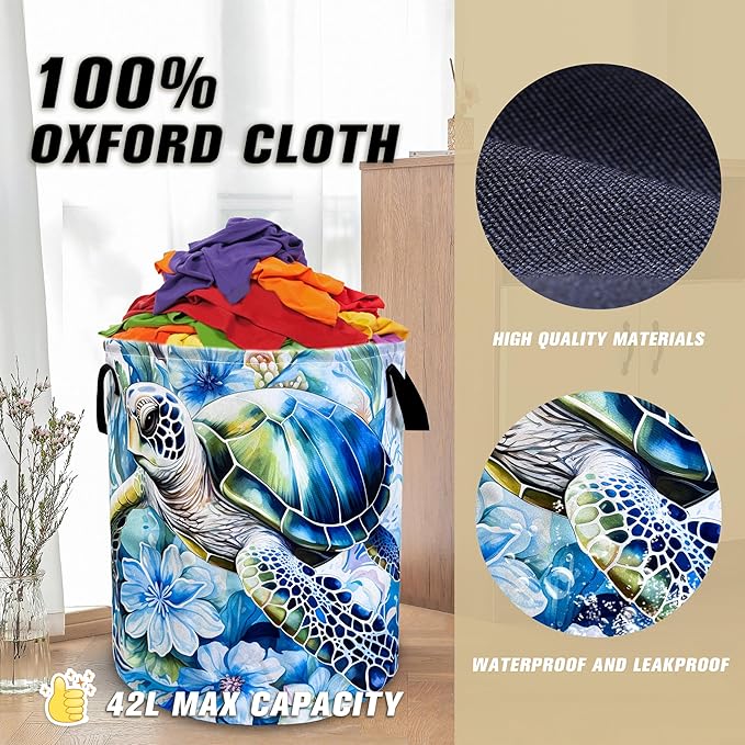 Turtle Laundry Basket Sea Turtle Foldable Oxford Cloth Funny Tote Bag Laundry Hamper Clothes Storage Bucket Toy Organizer For Bathroom/Laundry Storage/Bedroom 18.9x16.5 Inch Gift