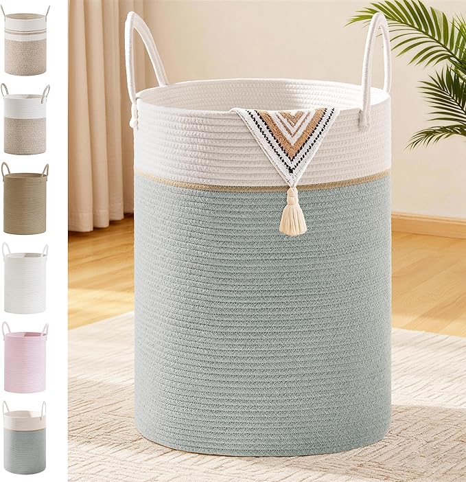 Tall Laundry Basket with Handles, 100L Portable Dirty Clothes Hamper, Boho Cotton Rope Storage Bin for Blankets Kids Toys Gifts, Extra Large Organizer for Nursery Bedroom Bathroom, Sage Green