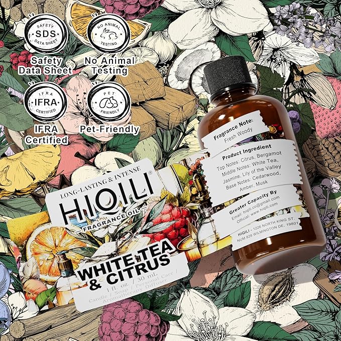HIQILI White Tea & Citrus Fragrance Oil for Diffuser & DIY, Hotel Collection Scent for Home Air Freshener, Perfume, Wool Dryer Balls - 1 Fl Oz