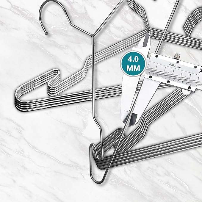 Heavy Duty Metal Hangers with Unique Hook Design Durable & Sturdy Coat Hangers 4mm Thick Withstands 25lbs Weight Smooth Finish Compact Shirt Hangers - 20 Pack Chrome