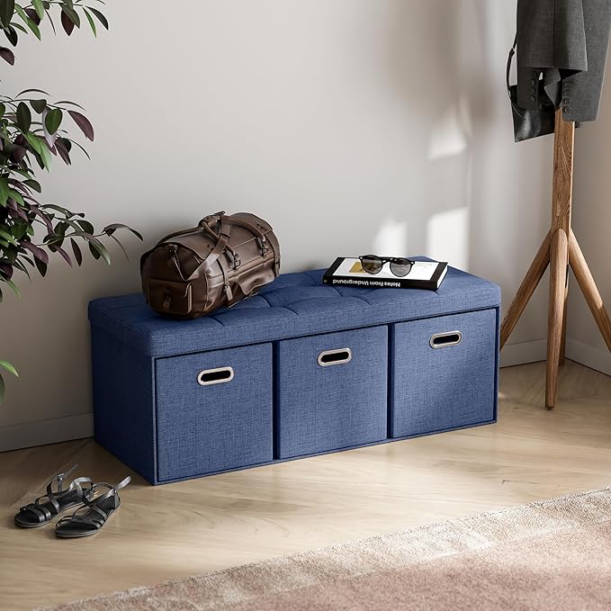 Ornavo Home Storage Ottoman with 3 Drawers, 40 Inches Long Foldable Tufted Linen Large Bench Ottoman with Storage, Foot Rest Stool Seat, for Living Room, Bedroom, Entryway, Navy Blue