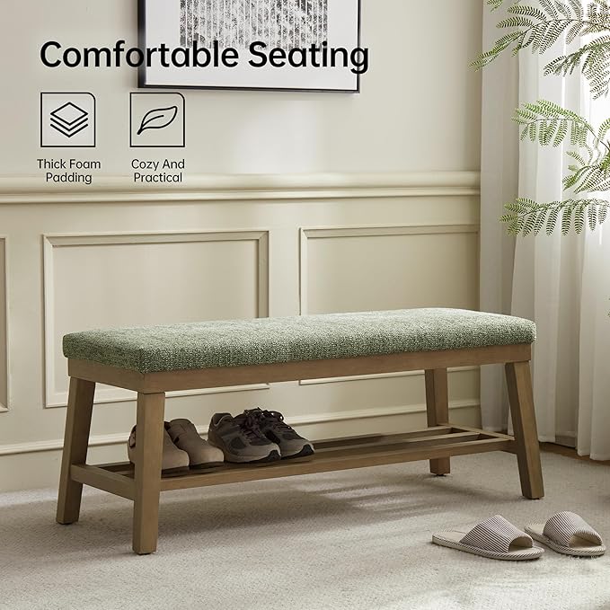 VKNOW Entryway Bench, 44.4" Upholstered Storage Shoe Bench for Entryway & Bedroom, Shoe Rack Bench with Rubberwood Legs, Modern End of Bed Bench for Living Room and Hallway, Green