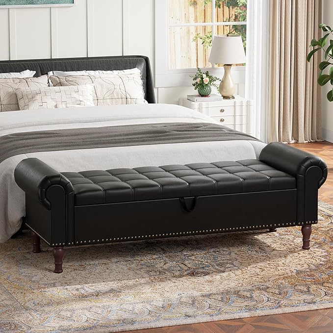 YOUDENOVA 60" Storage Bench with Rolled Arms, Upholstered Bed Bench with Vintage Rivets, PU Leather Bench for Bedroom End of Bed, Living Room, Entryway, Black