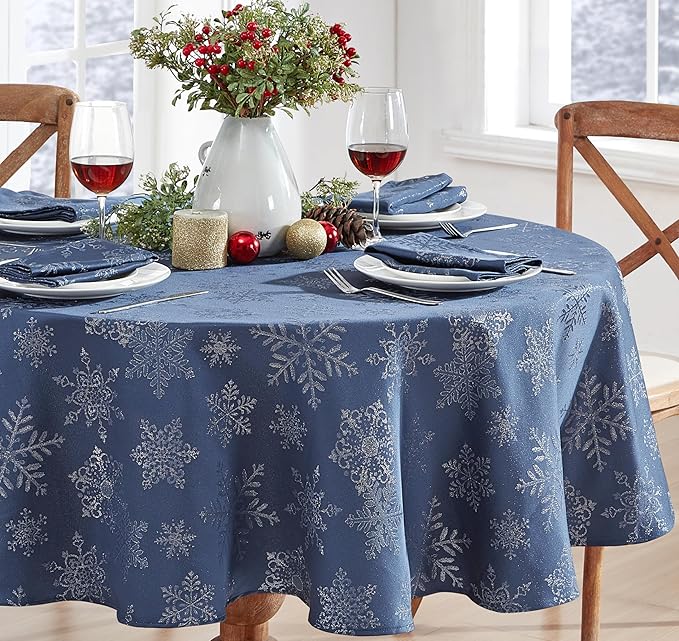 Newbridge Fancy Metallic Snowflake Christmas Fabric Tablecloth, 70 Inch Round, Navy Silver, No-Iron Soil Resistant Sparkling Snowflakes Woven Holiday Table Cover