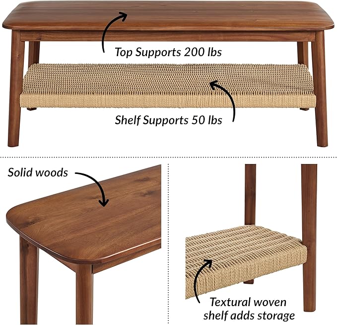 Alaterre Furniture Calais Coffee Table - 48-Inch Living Room Table with Woven Shelf - Solid Acacia Wood Coffee Table (Warm Chestnut)
