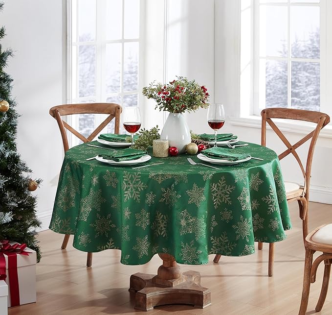 Newbridge Fancy Metallic Snowflake Christmas Fabric Tablecloth, 70 Inch Round, Hunter Gold, No-Iron Soil Resistant Sparkling Snowflakes Woven Holiday Table Cover