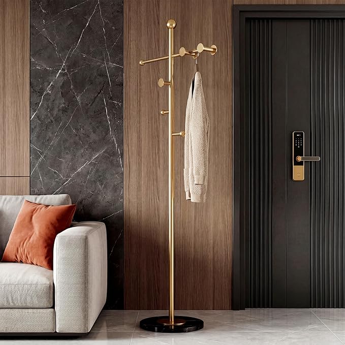 68.9 Inch Tall modern Coat Rack,Gold coat tree freestanding heavy duty,Heavy-Duty Metal Coat Rack Stand with Sturdy Marble Base for Entryway,Hallway,Bedroom,Holds Coats Hats Bags Scarves