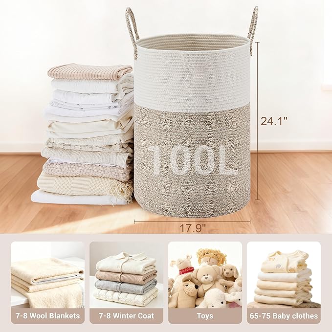 Tall Laundry Basket with Handles, 100L Portable Dirty Clothes Hamper, Boho Cotton Rope Storage Bin for Blankets Kids Toys Gifts, Extra Large Organizer for Baby Nursery Bedroom Bathroom, Brown