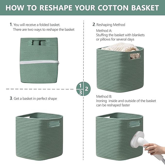 UBBCARE Set of 4 Storage Basket-11 X 10.5 X 10.5 In, Cotton Rope Basket for Shelves, Toys, Book, Cube Storage Bins with Handles, Woven Storage Basket for Organizing, Green