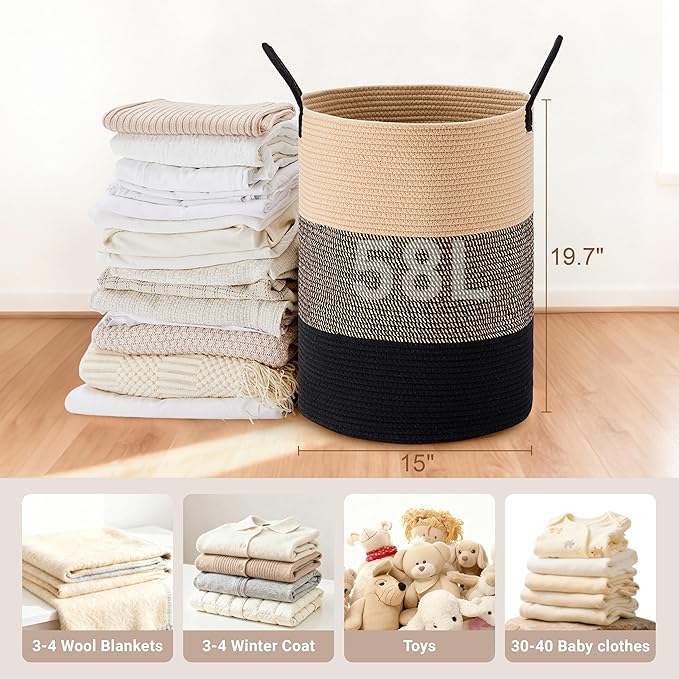Tall Laundry Basket with Handles, 58L Portable Dirty Clothes Hamper, Boho Cotton Rope Storage Bin for Blankets Kids Toys Gifts, Decorative Organizer for Nursery Bedroom Bathroom, Brown & Black