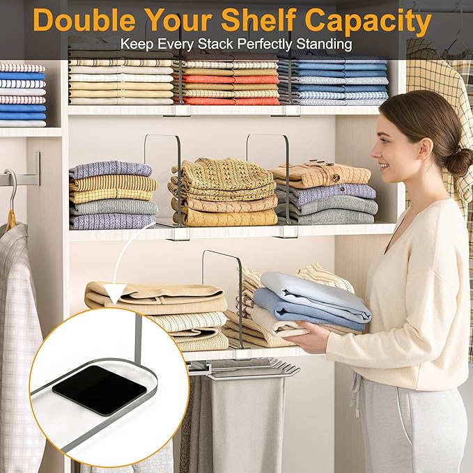 OKPOW Shelf Dividers for Closet Organization: 4 Pack 8" Tall X 12" Deep Acrylic Clear Sturdy Separators for Clothes Purse - Easy Install Adjustable Maximize Bedroom Space for Home Organizer & Wife