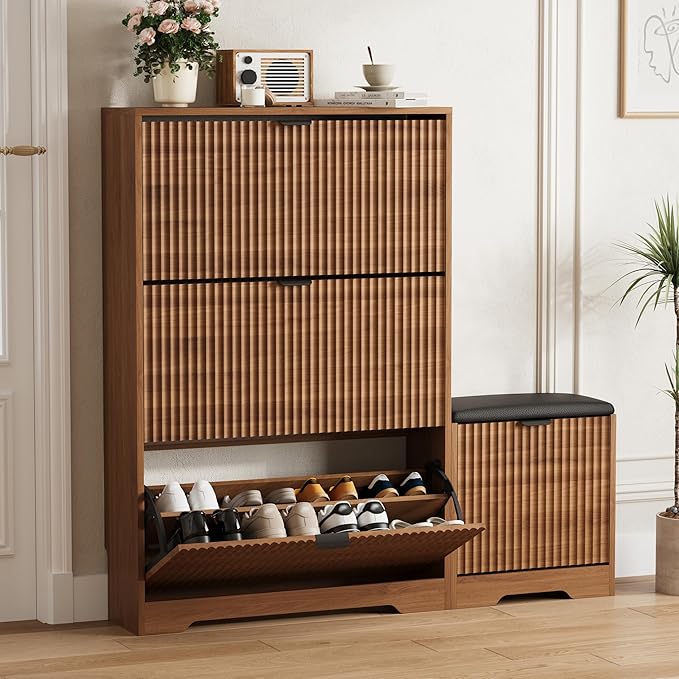 Shoe Cabinet Storage for Entryway with 4 Flip Drawers, Walnut Fluted Shoe Cabinet with Bench, Wooden Hidden Shoe Rack Freestanding Narrow Slim Shoes Storage Organizer for Hallway, Entrance