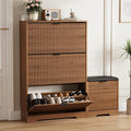 Shoe Cabinet Storage for Entryway with 4 Flip Drawers, Walnut Fluted Shoe Cabinet with Bench, Wooden Hidden Shoe Rack Freestanding Narrow Slim Shoes Storage Organizer for Hallway, Entrance