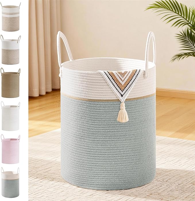 Tall Laundry Basket with Handles, 53L Portable Dirty Clothes Hamper, Boho Cotton Rope Storage Bin for Blankets Kids Toys Gifts, Decorative Organizer for Nursery Bedroom Bathroom, Sage Green