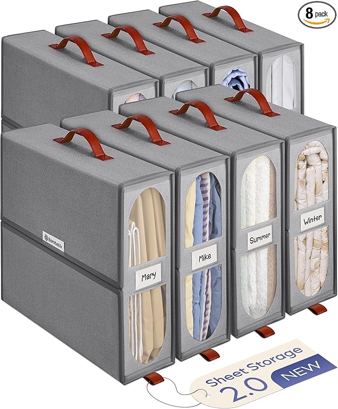 8x Bed Sheet Organizer Storage Boxes with Big See-Through Windows | Bedsheet Organizers Redesigned. Robust Bed Sheet Storage | 15x13x5 Inches Sheet Organizers Containers (Gray)