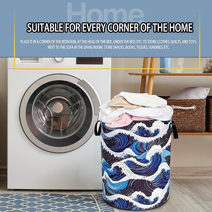 Ocean Wave Laundry Basket Sea Waves Foldable Oxford Cloth Funny Tote Bag Laundry Hamper Clothes Storage Bucket Toy Organizer For Bathroom/Laundry Storage/Bedroom 18.9x16.5 Inch