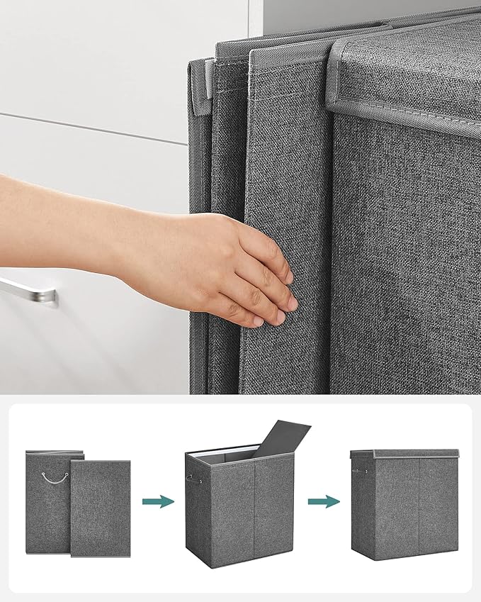 SONGMICS Laundry Basket, Laundry Hamper with 2 Compartments, 37.5 Gal. Foldable Laundry Sorter with Magnetic Lid and Handles, Removable Liner Bag, Dark Gray ULCB002G02