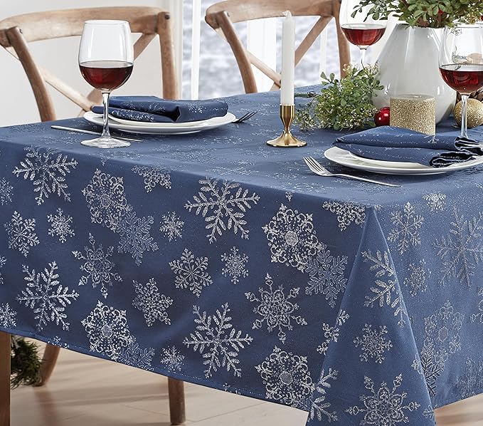 Newbridge Fancy Metallic Snowflake Christmas Fabric Tablecloth, 60 x 102 Inch Rectangle, Navy Silver, No-Iron Soil Resistant Sparkling Snowflakes Woven Holiday Table Cover