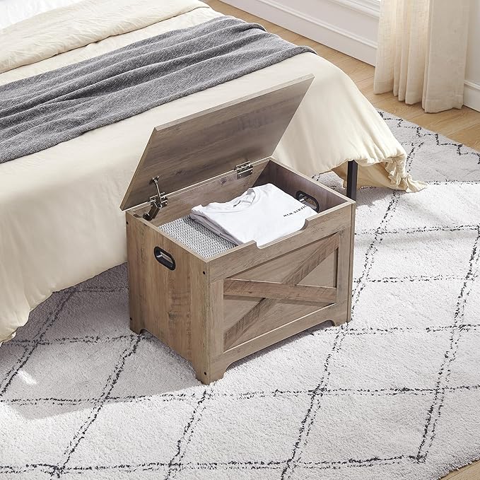 GAOMON Storage Chest, Wood Storage Bench with Seating and Safety Hinge, Entryway Bench with Storage, Farmhouse Storage Chest Trunk for Bedroom, Living Room, Grey