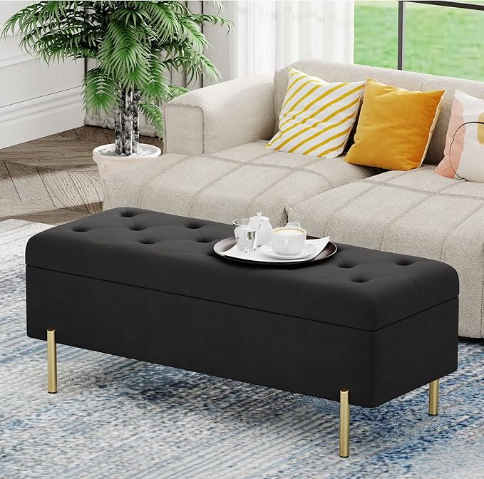 Andeworld Velvet Storage Bench, Modern Bedroom Bench, Upholstered Tufted Large Settee Ottoman with Storage Bench for Bedroom,Living Room,Entryway,Black