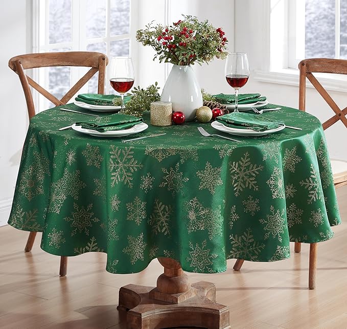Newbridge Fancy Metallic Snowflake Christmas Fabric Tablecloth, 60 x 84 Inch Oval, Hunter Gold, No-Iron Soil Resistant Sparkling Snowflakes Woven Holiday Table Cover