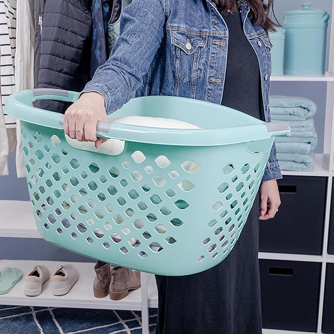(2 Pack) 1.8 Bushel Hip Hugger Laundry Basket, Teal Flexible Plastic Hamper - Easy 1-Hand Carry(Home/Laundry Room)