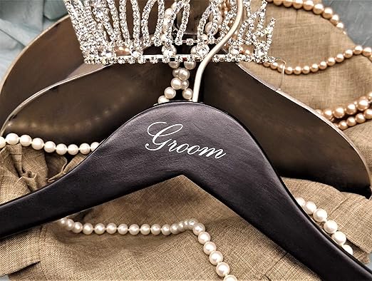 NAHANCO G20217WB Bridal Hanger, Black Wood Suit Hanger with Silver Imprint (Groom), 17” (1 Piece)
