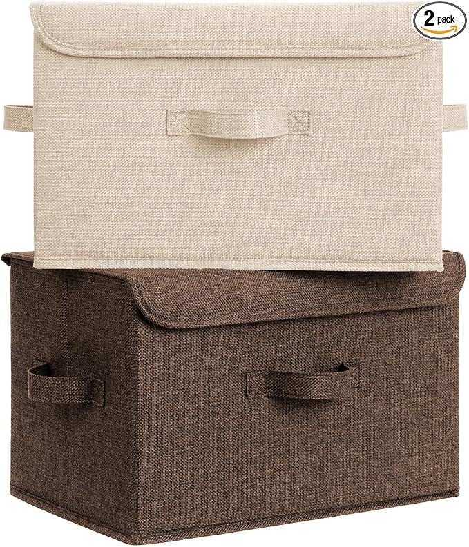 GRANNY SAYS Stoarge Basket with Lid, Decorative Storage Boxes, Closet Storage Bins for Clothes, Collapsible Stackable Organization, IKhaki&Brown, 2-Pack