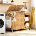 Laundry Hamper with Lid, 160L Rattan Wicker Laundry Basket with Wheels, Handwoven Laundry Hamper 2-Section with Storage shelf(42.3 Gal), Laundry Sorter Basket with Removable Liner, Natural HLH032N