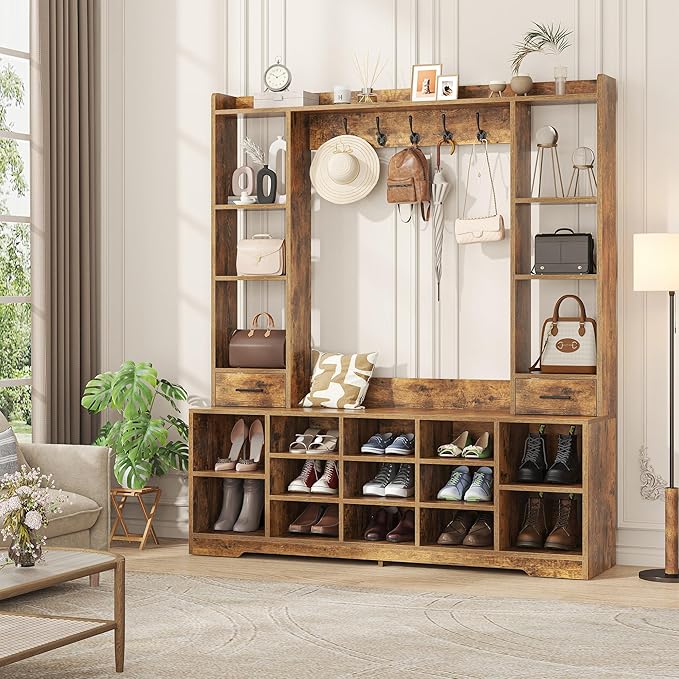 61.6" H White Hall Tree with Bench and Shoe Storage, 6-in-1 Multi-Functional Entryway Bench with 2 Drawers, 5 Coat Racks, Shoe Rack with 13 Shoe Cubbies, Entryway Storage Organizer, Brown