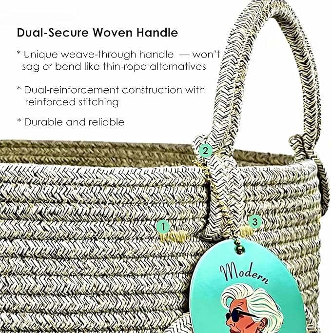 Modern Granny Extra Large Cotton Rope Laundry Hamper 16x22 Inch Dual Secure Woven Handle for Living Room Closet Clothes Blanket Organization
